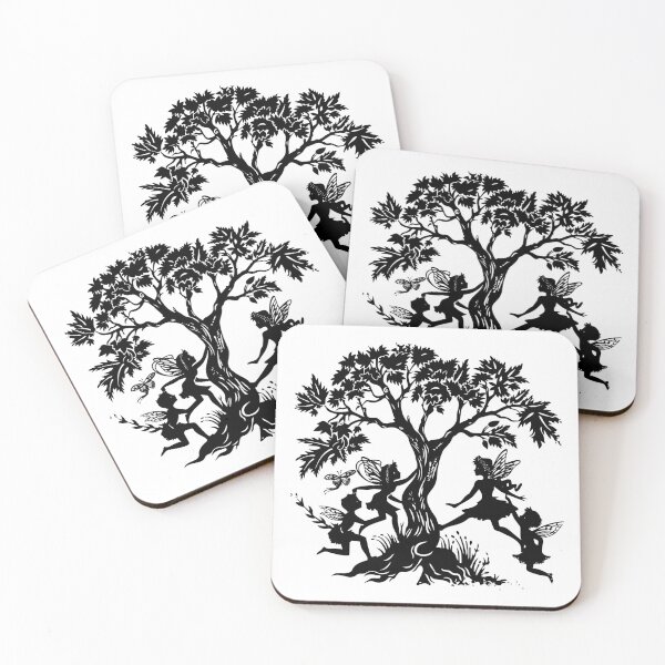 Item preview, Dancing Fairies Around Tree – Whimsical Black and White Fantasy Silhouette Art designed and sold by inkoutninja.