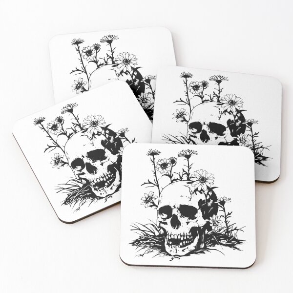 Item preview, Skull with Wildflowers – Gothic Botanical Black and White Illustration designed and sold by inkoutninja.
