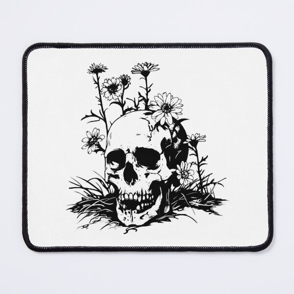 Item preview, Skull with Wildflowers – Gothic Botanical Black and White Illustration designed and sold by inkoutninja.