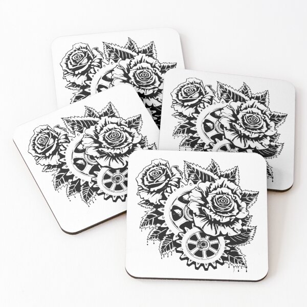 Item preview, Roses and Gears Illustration – Steampunk Floral Black and White Tattoo Art designed and sold by inkoutninja.