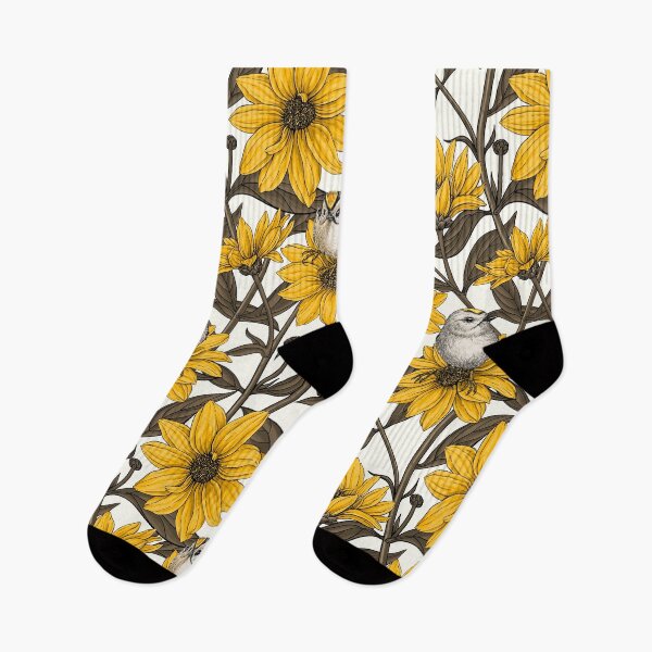 Item preview, Wild sunflowers and goldcrest birds/yellow and brown on natural white designed and sold by Katerina Mitkova Kirilova.