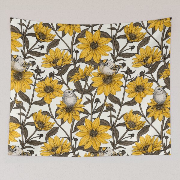 Item preview, Wild sunflowers and goldcrest birds/yellow and brown on natural white designed and sold by Katerina Mitkova Kirilova.