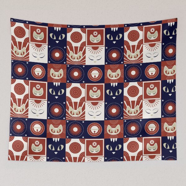 Item preview, Seamless Japanese Cat Mask Folklore Tapestry designed and sold by FestivityFinds.
