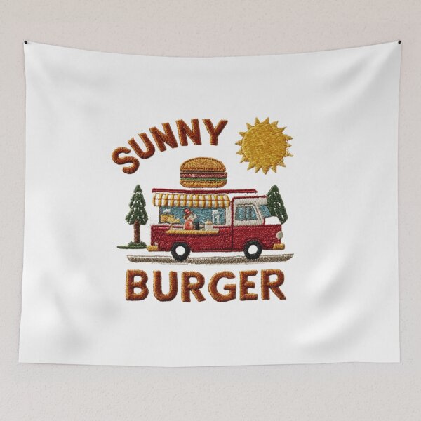 Item preview, Vintage Sunny Burger Embroidered Patch Style  Retro Food Truck Logo Design designed and sold by casualnature.