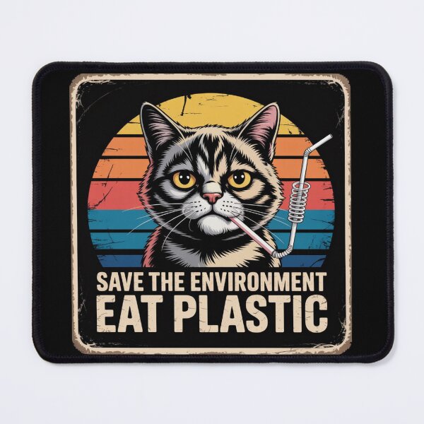 Item preview, Funny Retro Cat Meme "Save The Environment Eat Plastic" – Vintage Sarcastic Eco Humor Design designed and sold by NO-STUDIO.