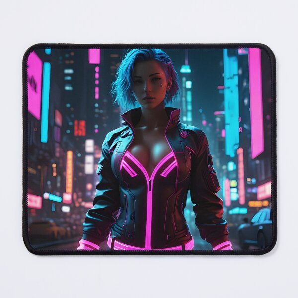 Item preview, Cyberwave Sentinel: Blue-Haired Futuristic Warrior Amid Neon Skyscrapers designed and sold by artmanikin.
