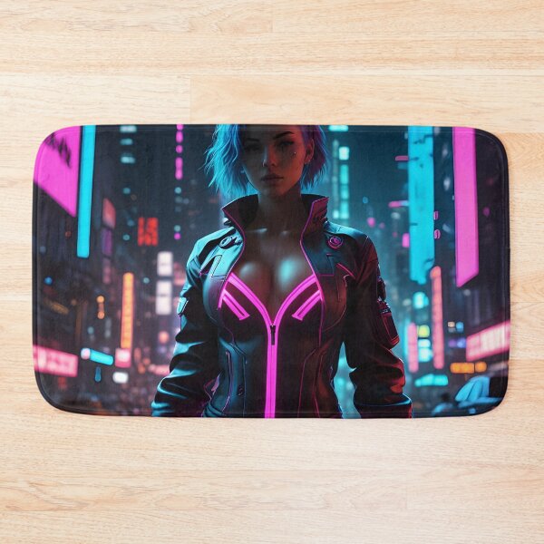 Item preview, Cyberwave Sentinel: Blue-Haired Futuristic Warrior Amid Neon Skyscrapers designed and sold by artmanikin.