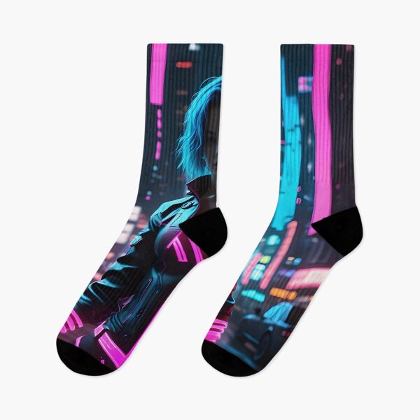 Item preview, Cyberwave Sentinel: Blue-Haired Futuristic Warrior Amid Neon Skyscrapers designed and sold by artmanikin.