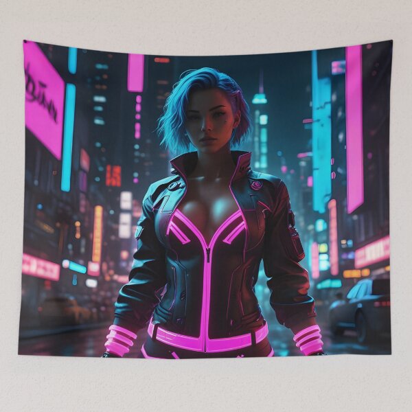 Item preview, Cyberwave Sentinel: Blue-Haired Futuristic Warrior Amid Neon Skyscrapers designed and sold by artmanikin.