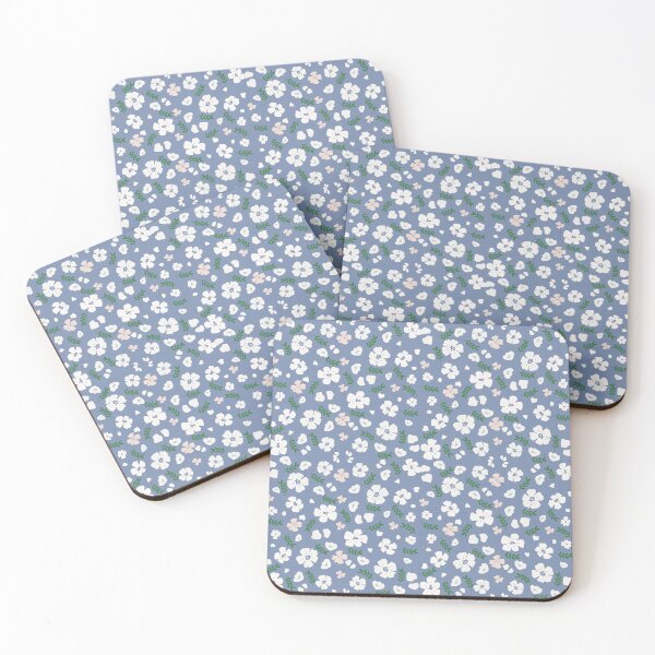 Item preview, “Seamless Floral Pattern – White & Pink Flowers on Blue Background” designed and sold by Daydreamstudio96.