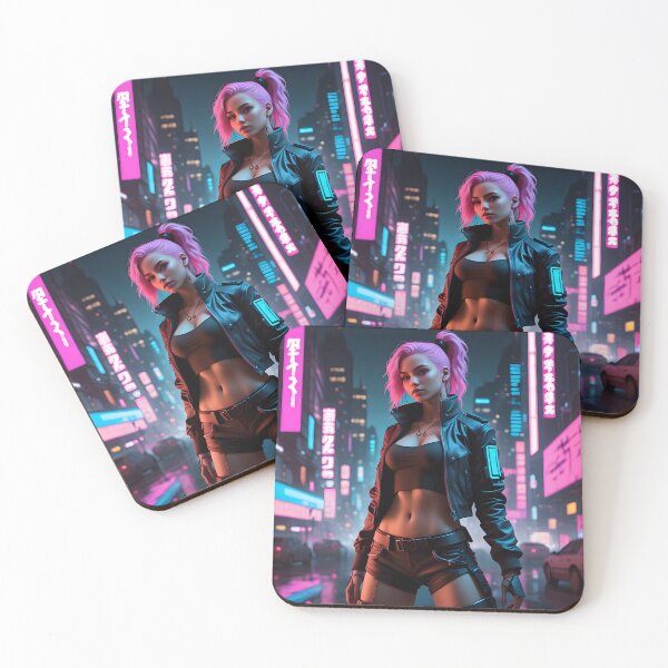 Item preview, Dystopian Rebel: Pink Ponytail Cyberpunk Babe in Neon Streets designed and sold by artmanikin.