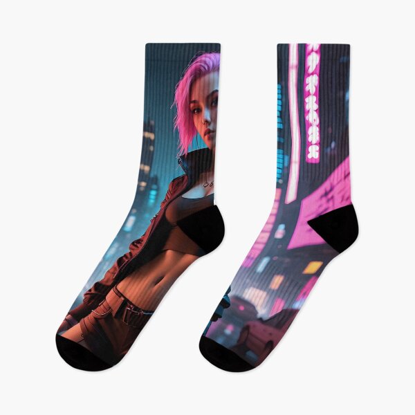 Item preview, Dystopian Rebel: Pink Ponytail Cyberpunk Babe in Neon Streets designed and sold by artmanikin.