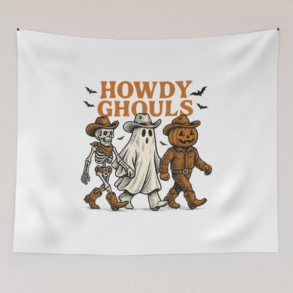 Item preview, Howdy Ghouls Halloween Cowboy Skeleton Ghost Pumpkin Vintage Spooky Western Design designed and sold by Sonchai Paladsai.