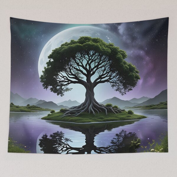 Item preview, Cosmic Tree of Life – Surreal Moonlit Fantasy Landscape Art designed and sold by artmanikin.