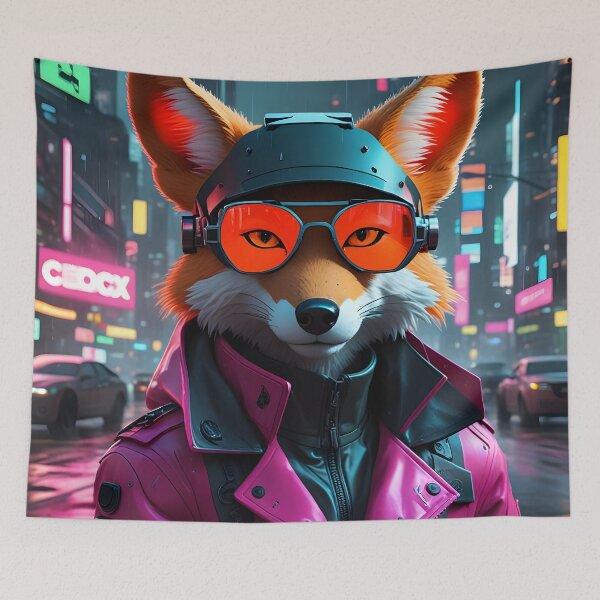 Item preview, Cyberpunk Fox – Futuristic Neon Animal Portrait in Sci-Fi City designed and sold by artmanikin.