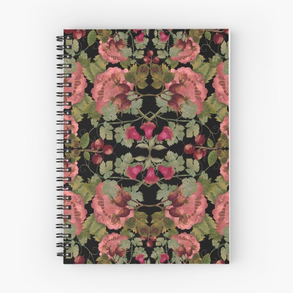 Item preview, seamless pattern with red flowers and berries on a black background. Botanical Watercolor Pattern Hand Painted designed and sold by Grin Katalina Floral Patterns & Cozy Art.