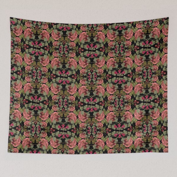 Item preview, seamless pattern with red flowers and berries on a black background. Botanical Watercolor Pattern Hand Painted designed and sold by Grin Katalina Floral Patterns & Cozy Art.