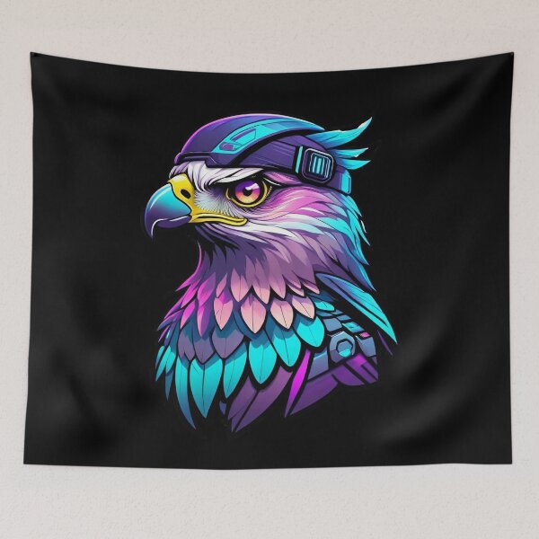 Item preview, Futuristic Cyberpunk Eagle Warrior Neon Colors Vibrant Feathers Tech Helmet Digital Illustration Artwork Bold Graphic Modern Design designed and sold by Mimoshi ⭐⭐⭐⭐⭐.