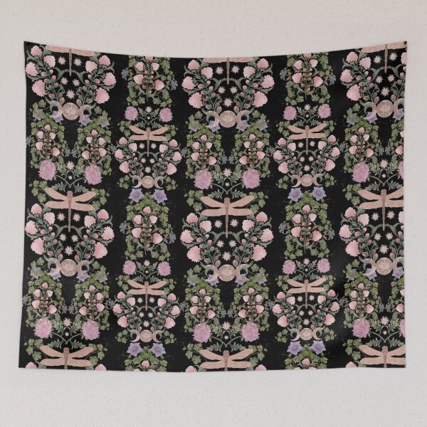 Item preview, Seamless botanical pattern. Ornament with watercolor dragonfly and pink flowers on black background. Scandinavian traditional motif or folk style pattern designed and sold by Grin Katalina Floral Patterns & Cozy Art.