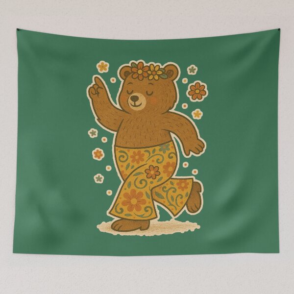 Item preview, Groovy Bear Dancing Flower Power Retro Illustration designed and sold by LuminShadowArt.