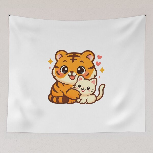 Item preview, Kawaii Tiger Cuddling Cat – Cute Chibi Animal Illustration designed and sold by RonBear-Designs.
