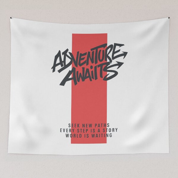 Item preview, Graffiti Text "Adventure Awaits" Gray Typography w/ Red Band on White designed and sold by LOVE, AMY.