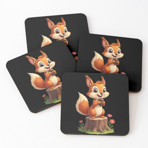 Item preview, Cute Cartoon Squirrel Standing on Tree Stump Holding Acorn Surrounded by Flowers Adorable Woodland Animal Illustration Art designed and sold by Mimoshi ⭐⭐⭐⭐⭐.