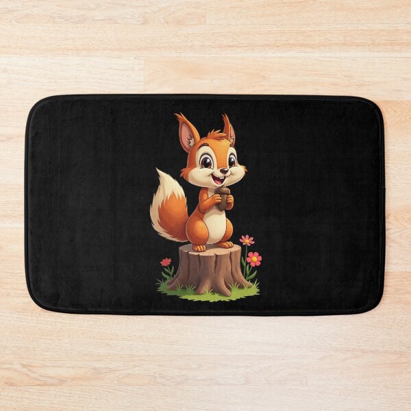 Item preview, Cute Cartoon Squirrel Standing on Tree Stump Holding Acorn Surrounded by Flowers Adorable Woodland Animal Illustration Art designed and sold by Mimoshi ⭐⭐⭐⭐⭐.