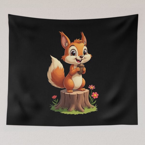 Item preview, Cute Cartoon Squirrel Standing on Tree Stump Holding Acorn Surrounded by Flowers Adorable Woodland Animal Illustration Art designed and sold by Mimoshi ⭐⭐⭐⭐⭐.