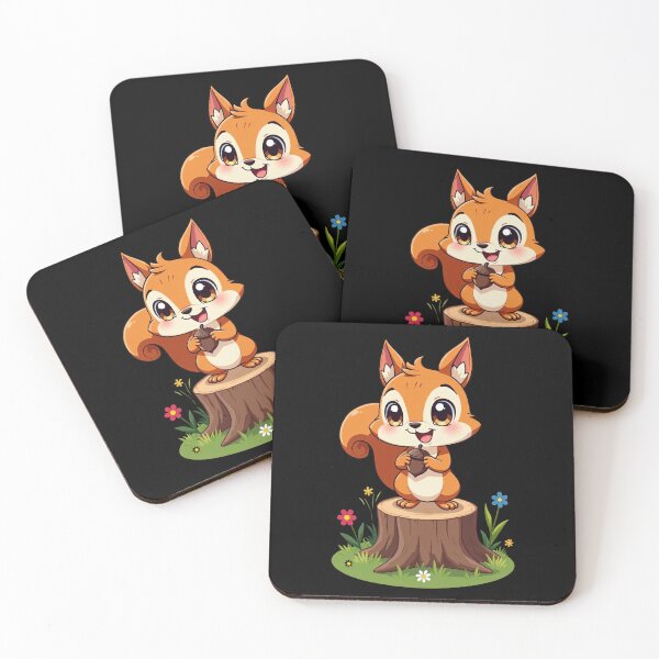 Item preview, Adorable Cartoon Squirrel Holding Acorn on Tree Stump Surrounded by Flowers Cute Woodland Animal Illustration for Kids designed and sold by Mimoshi ⭐⭐⭐⭐⭐.