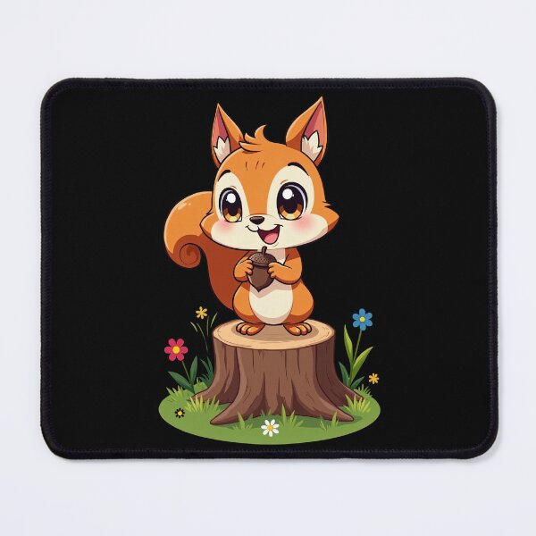 Item preview, Adorable Cartoon Squirrel Holding Acorn on Tree Stump Surrounded by Flowers Cute Woodland Animal Illustration for Kids designed and sold by Mimoshi ⭐⭐⭐⭐⭐.