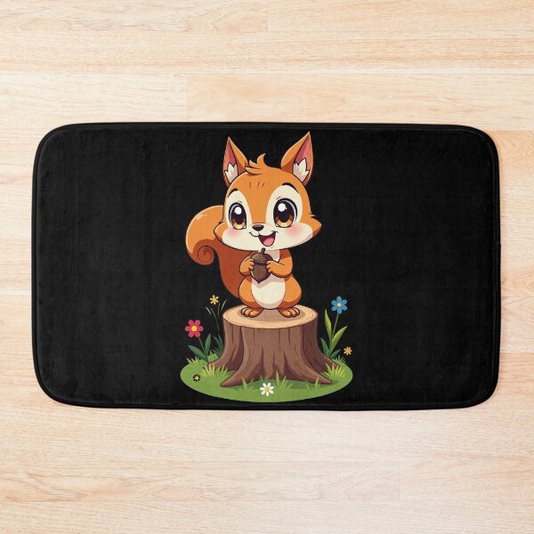Item preview, Adorable Cartoon Squirrel Holding Acorn on Tree Stump Surrounded by Flowers Cute Woodland Animal Illustration for Kids designed and sold by Mimoshi ⭐⭐⭐⭐⭐.