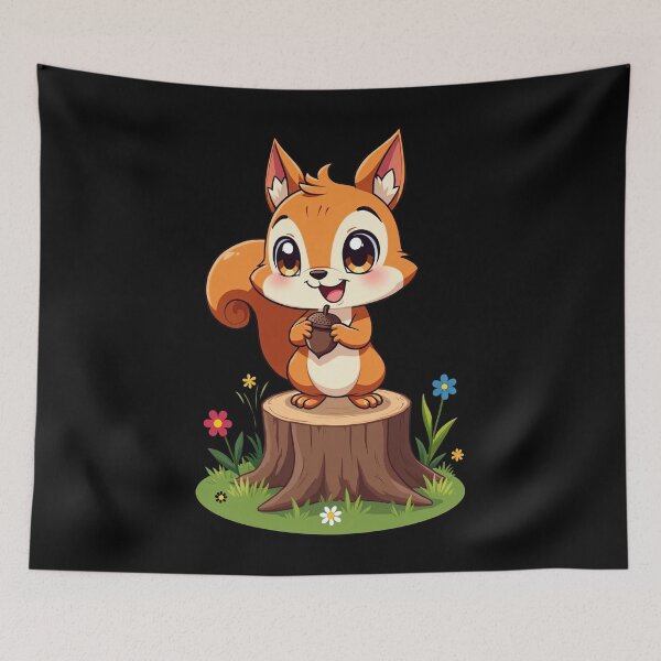 Item preview, Adorable Cartoon Squirrel Holding Acorn on Tree Stump Surrounded by Flowers Cute Woodland Animal Illustration for Kids designed and sold by Mimoshi ⭐⭐⭐⭐⭐.