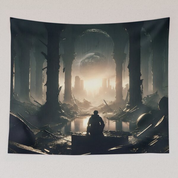 Item preview, Solitary Figure in Post-Apocalyptic Ruins designed and sold by PandaTShirtShop.
