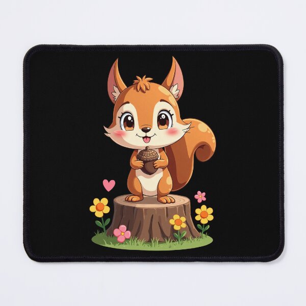 Item preview, Cute Cartoon Squirrel Holding Acorn on Tree Stump Surrounded by Flowers Adorable Animal Illustration Playful Forest Character designed and sold by Mimoshi ⭐⭐⭐⭐⭐.