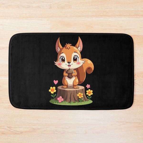 Item preview, Cute Cartoon Squirrel Holding Acorn on Tree Stump Surrounded by Flowers Adorable Animal Illustration Playful Forest Character designed and sold by Mimoshi ⭐⭐⭐⭐⭐.