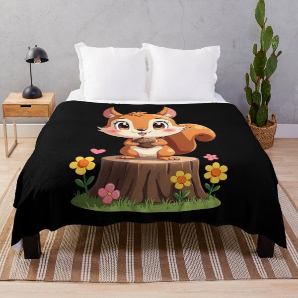 Item preview, Cute Cartoon Squirrel Holding Acorn on Tree Stump Surrounded by Flowers Adorable Animal Illustration Playful Forest Character designed and sold by Mimoshi ⭐⭐⭐⭐⭐.