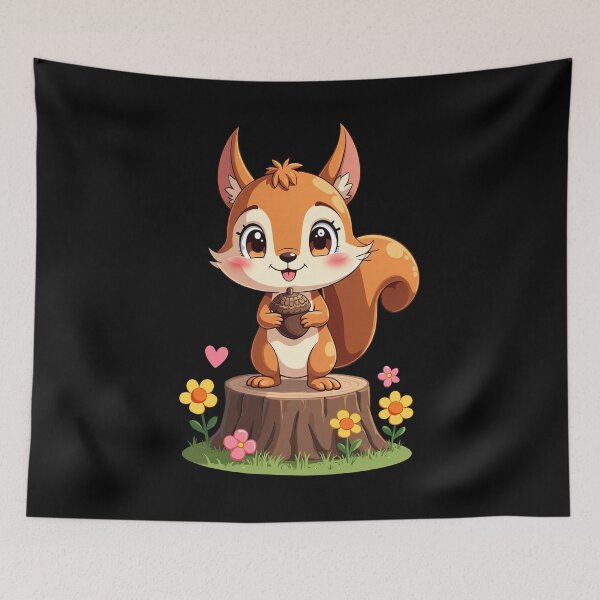 Item preview, Cute Cartoon Squirrel Holding Acorn on Tree Stump Surrounded by Flowers Adorable Animal Illustration Playful Forest Character designed and sold by Mimoshi ⭐⭐⭐⭐⭐.