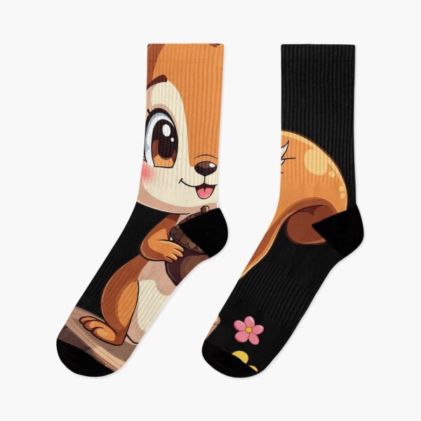 Item preview, Cute Cartoon Squirrel Holding Acorn on Tree Stump Surrounded by Flowers Adorable Animal Illustration Playful Forest Character designed and sold by Mimoshi ⭐⭐⭐⭐⭐.