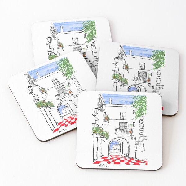 Item preview, T-shirt illustration with a view of the old town of Altea in red designed and sold by malangacamisetas.