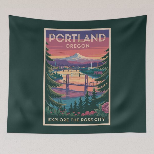 Item preview, Portland Oregon Mount Hood Travel Art Vintage designed and sold by KrisSidDesigns.