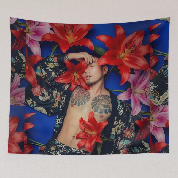 Item preview, Sensual Tattoed Asian Man in Kimono with Lilies #6 designed and sold by Atlas Kai.