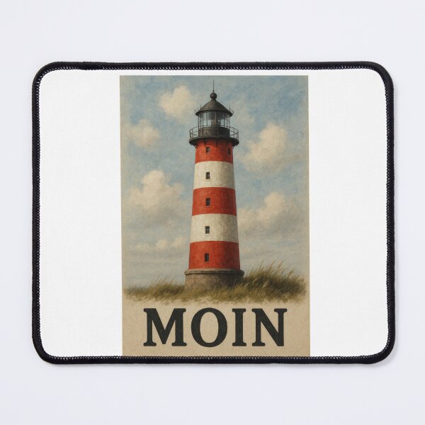 Item preview, Classic red and white lighthouse on the coast with a North German Moin! designed and sold by Fies-und-Fein.