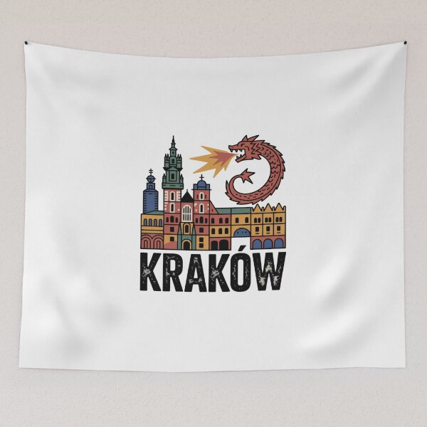 Item preview, Krakow Poland Illustration – Wawel Dragon and Old Town Landmarks in Retro Style designed and sold by Okada's t-shirts & accessories.