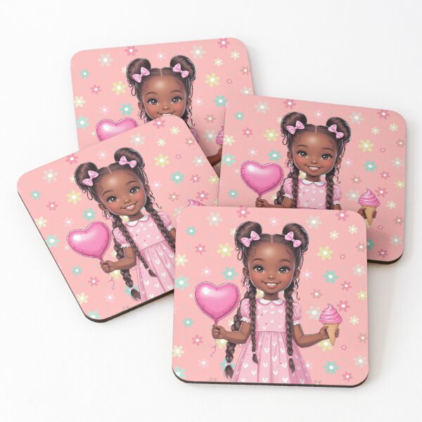 Item preview, Cute Black Girl Illustration with Pink Dress Ice Cream and Heart Balloon Cartoon Art designed and sold by FurEverLove.