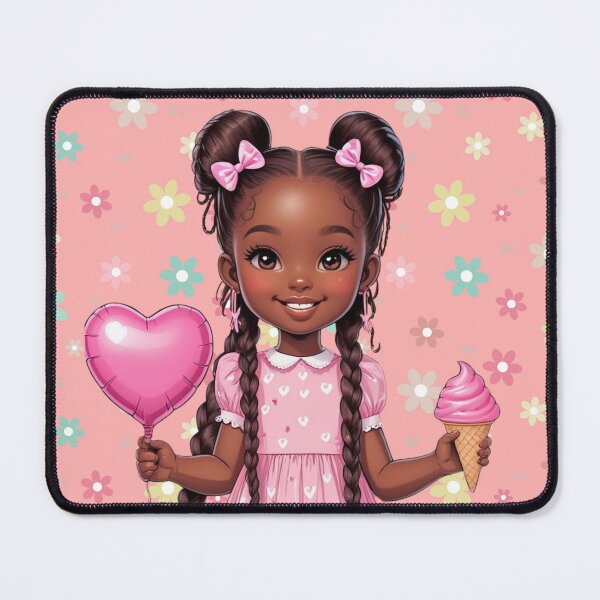 Item preview, Cute Black Girl Illustration with Pink Dress Ice Cream and Heart Balloon Cartoon Art designed and sold by FurEverLove.