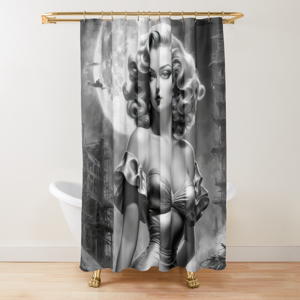 Stunning Atomic Age Moonlit Portrait Of The Resilient Asteria AI Concept Art by Xzendor7 2 Stunning Atomic Age Moonlit Portrait Of The Resilient Asteria Mesmerizing AI Concept Art by Xzendor7 Decorative Art Print Shower Curtain