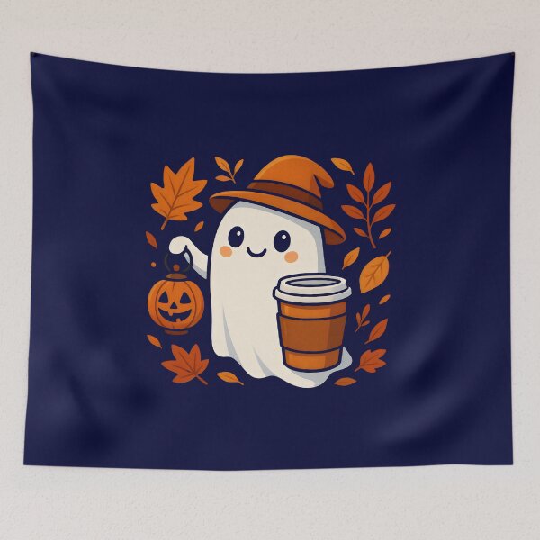 Item preview, Cute Ghost With Coffee Fall Vibes designed and sold by DemureArtsy.