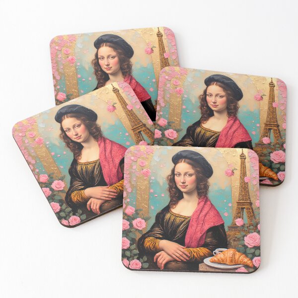 Item preview, Mona Lisa with a cup of coffee and a croissant in Paris next to the Eiffel Tower. designed and sold by Natalia-Vlad.
