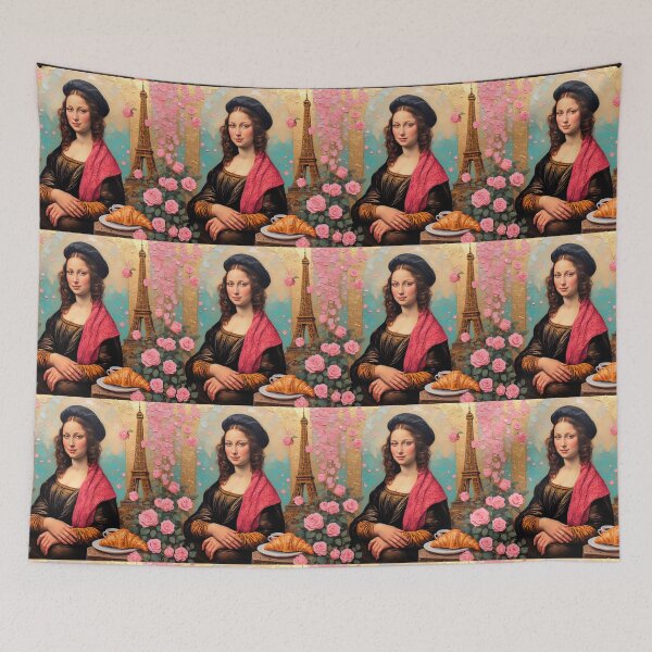 Item preview, Mona Lisa with a cup of coffee and a croissant in Paris next to the Eiffel Tower. designed and sold by Natalia-Vlad.